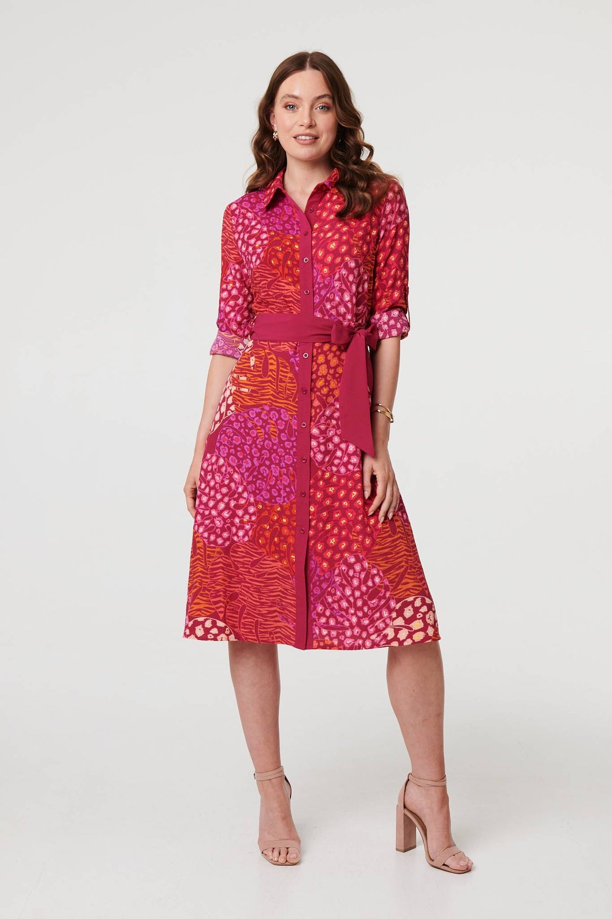 Printed Long Sleeve Collared Midi Dress Full Length View