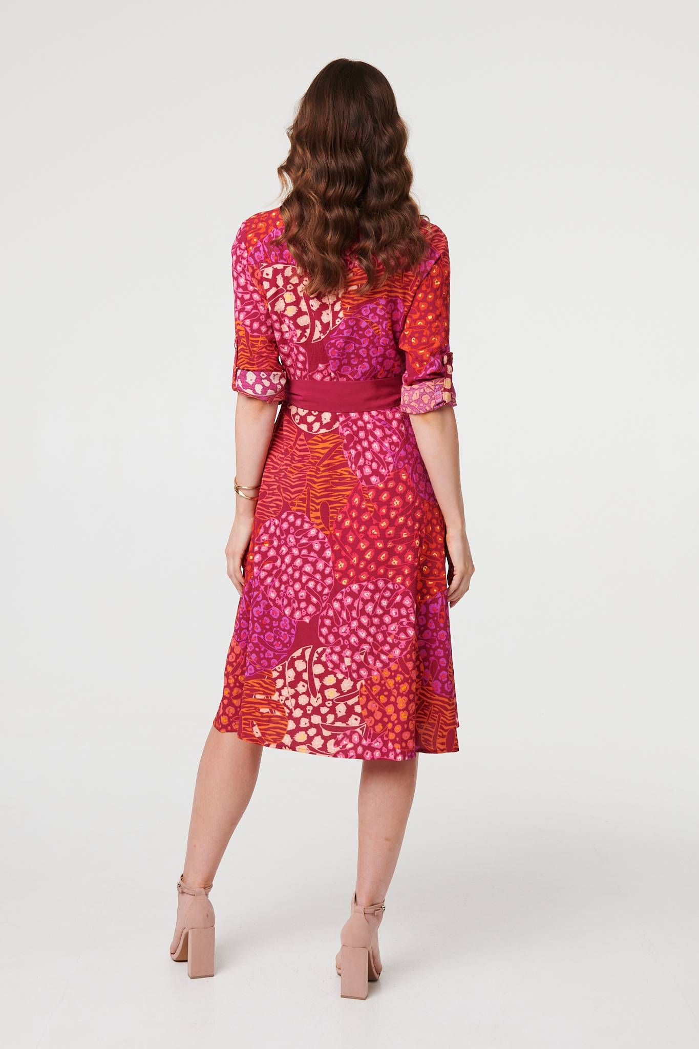 Printed Long Sleeve Collared Midi Dress Side View