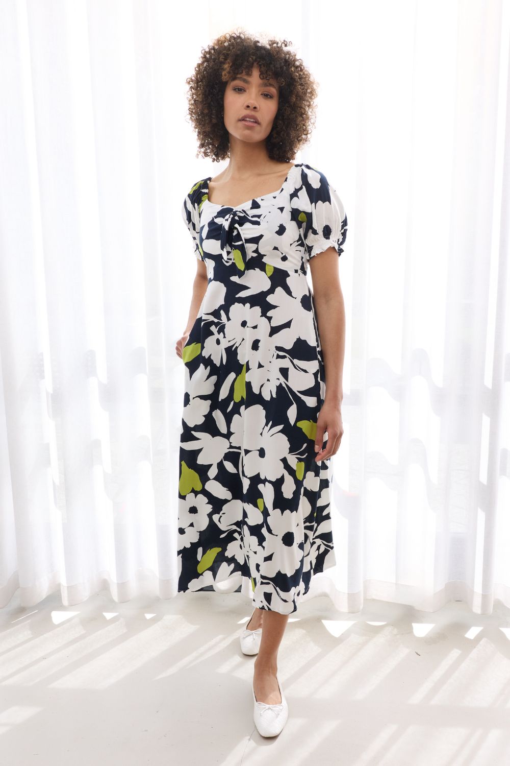 Floral Tie Front Puff Sleeve Midi Dress Front View