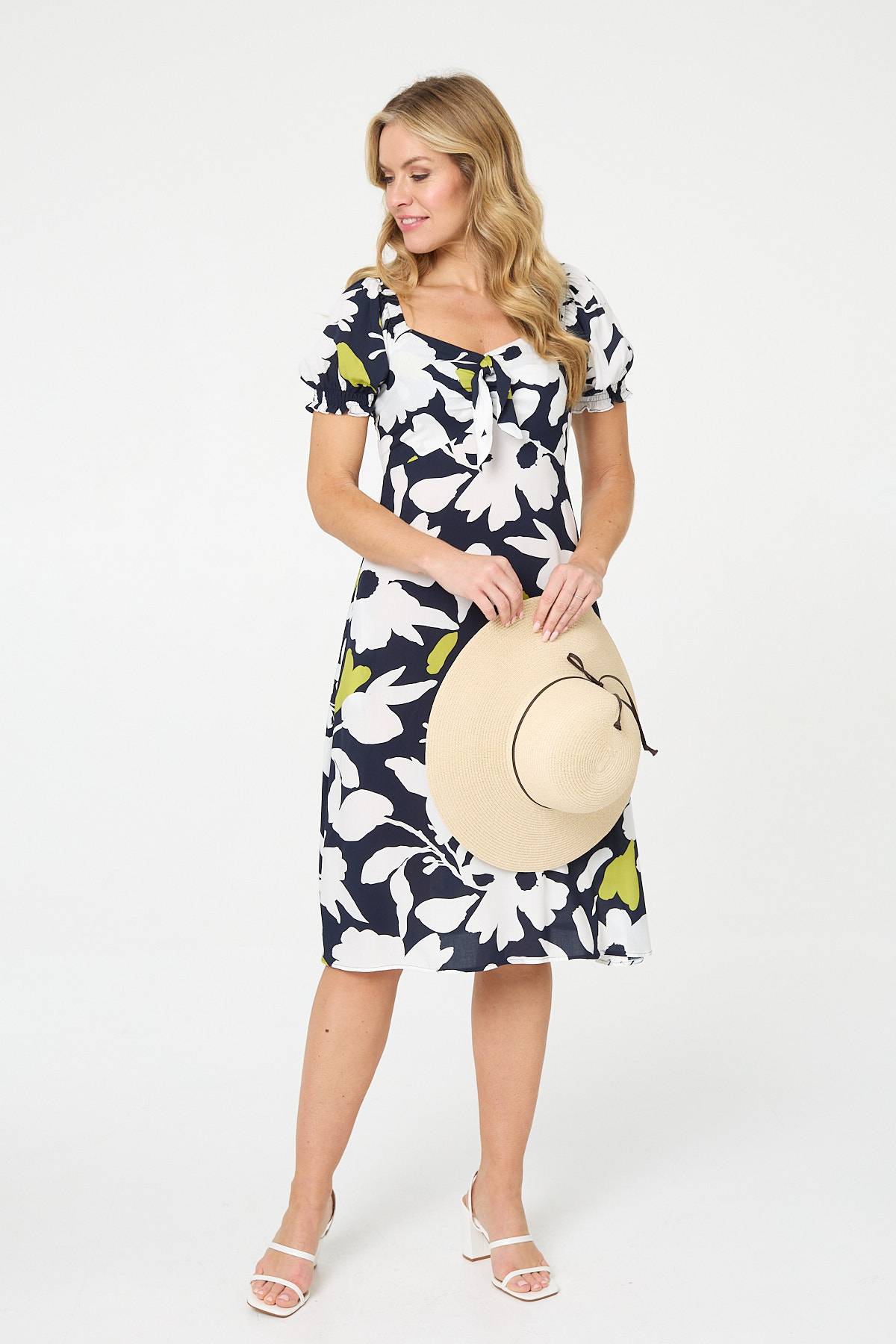 Floral Tie Front Puff Sleeve Midi Dress Back View