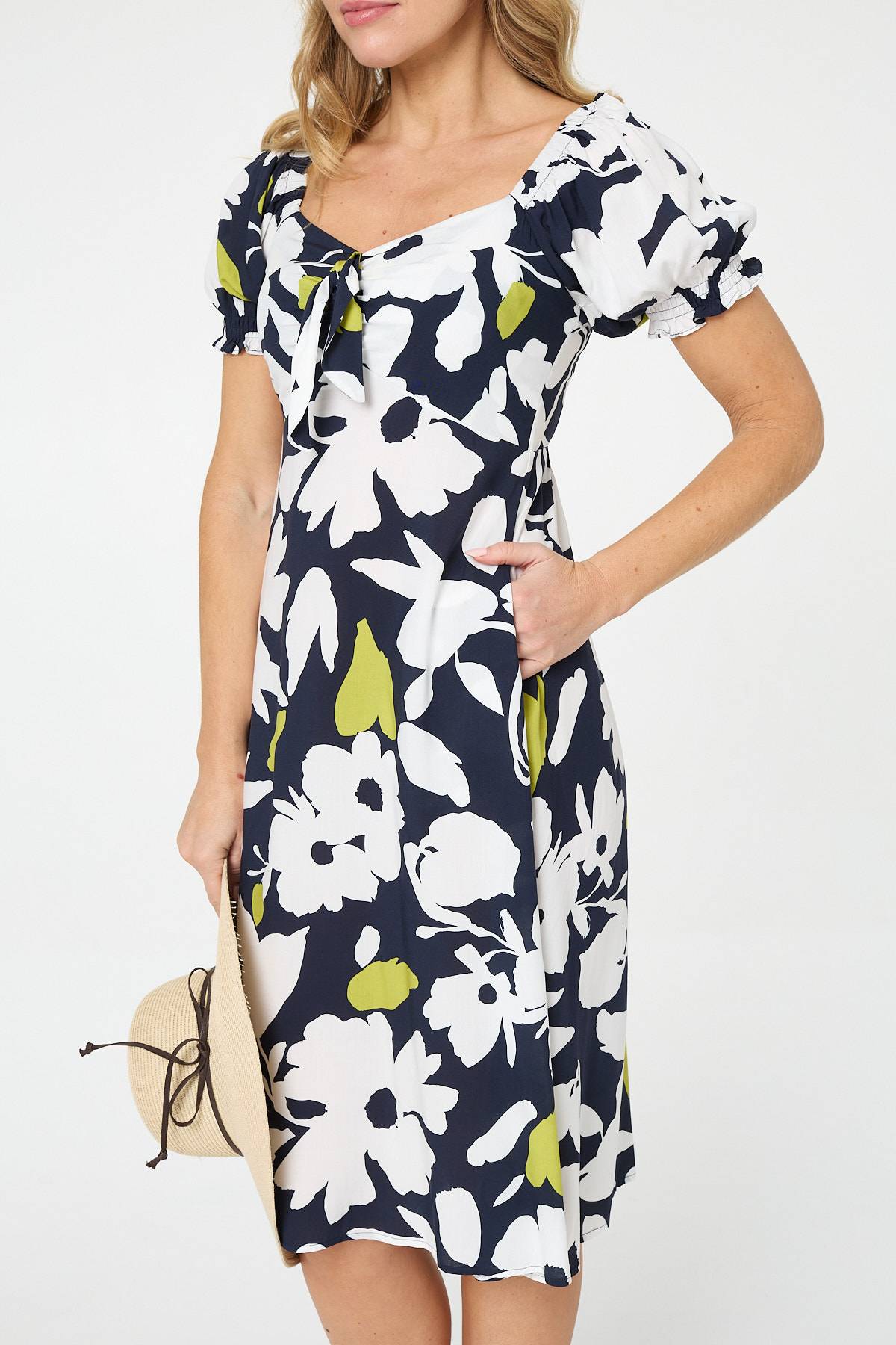 Floral Tie Front Puff Sleeve Midi Dress Front View 2