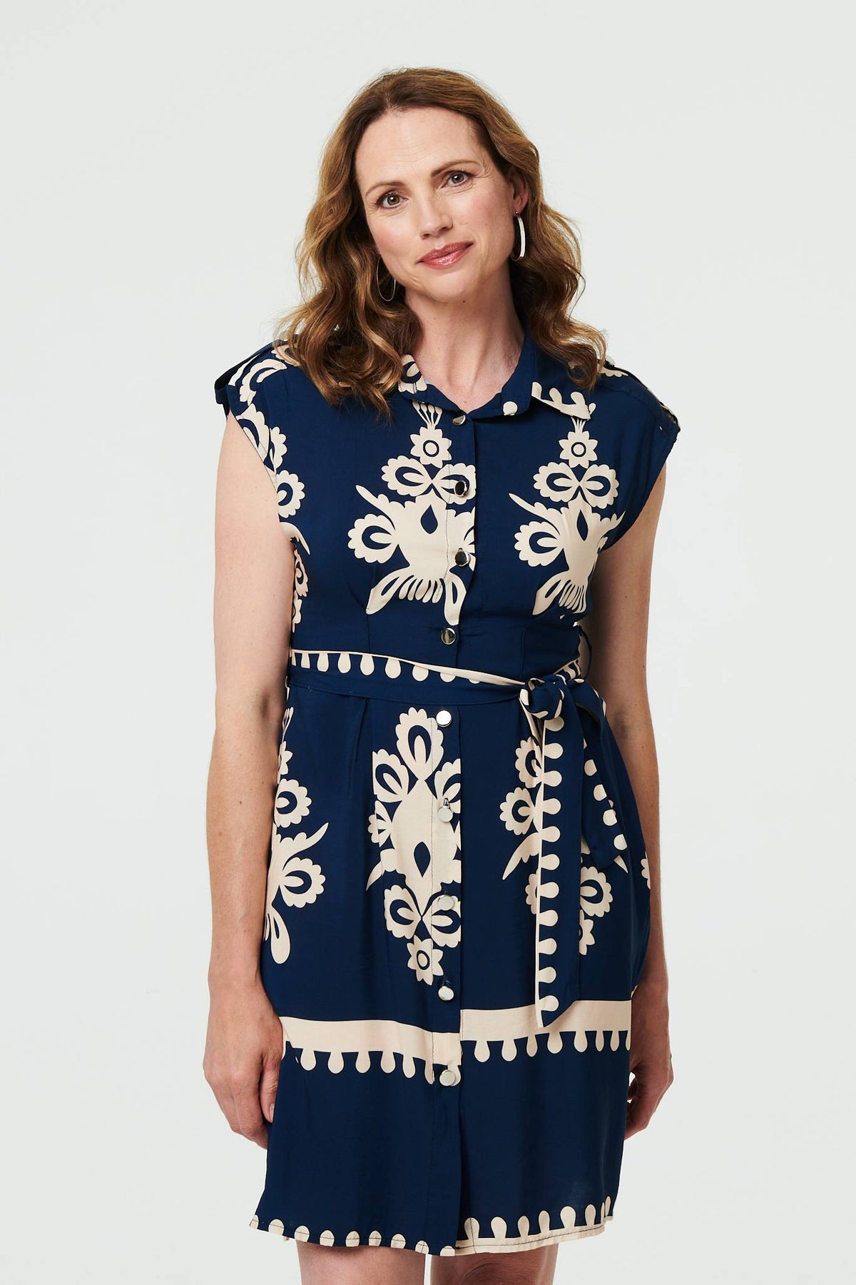 Ikat Print Cap Sleeve Short Shirt Dress Front View 2