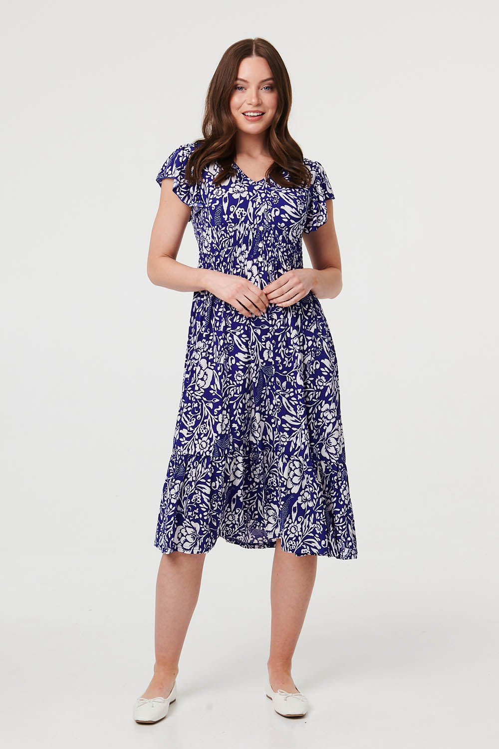 Floral Cap Sleeve Midi Dress Front View