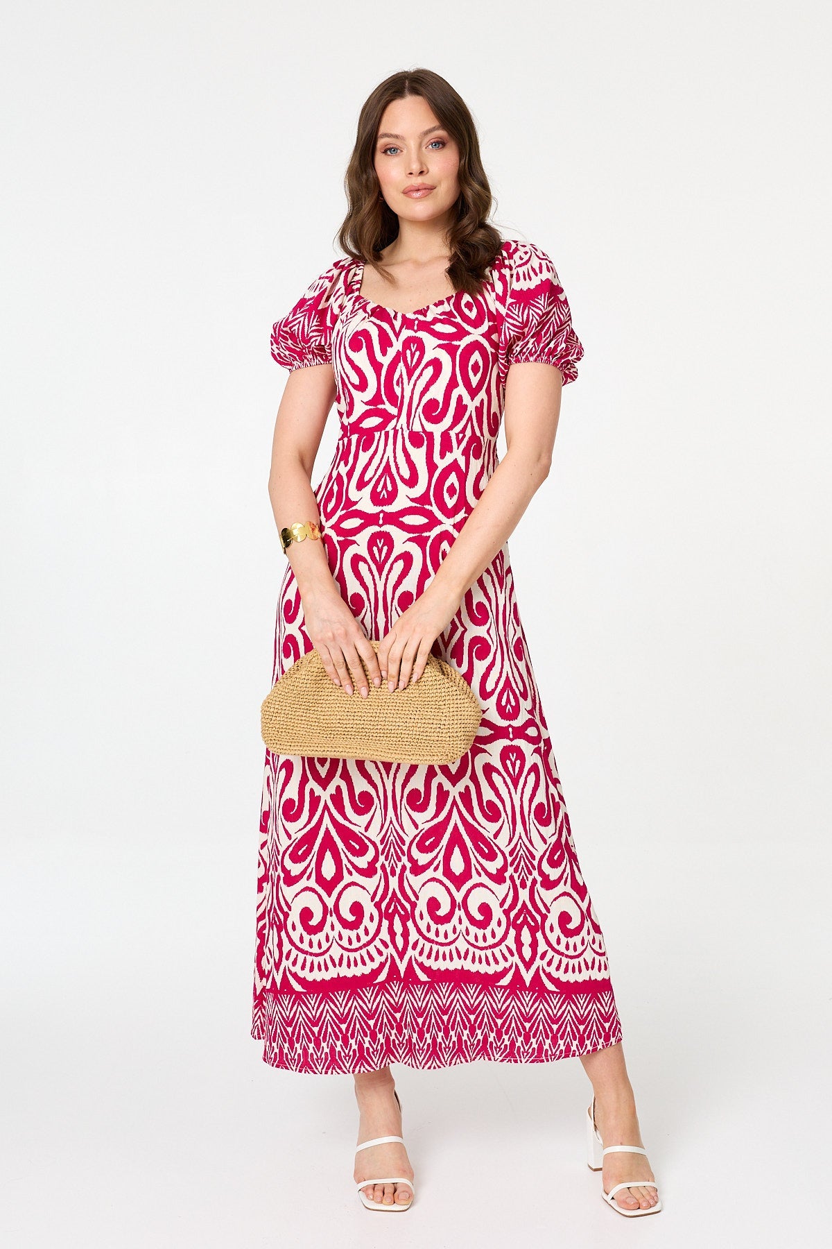 Printed Short Sleeve A-Line Maxi Dress Detail View