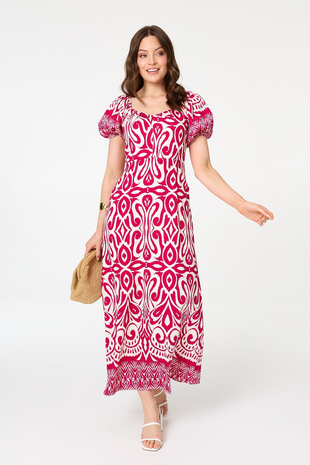 Printed Short Sleeve A-Line Maxi Dress Front View