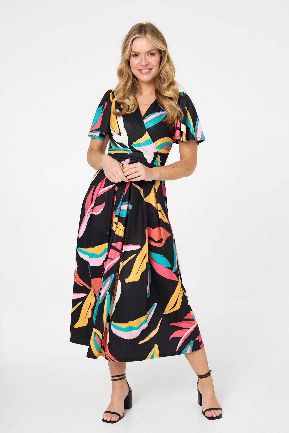 Abstract Faux Wrap Tie Back Midi Dress Front View