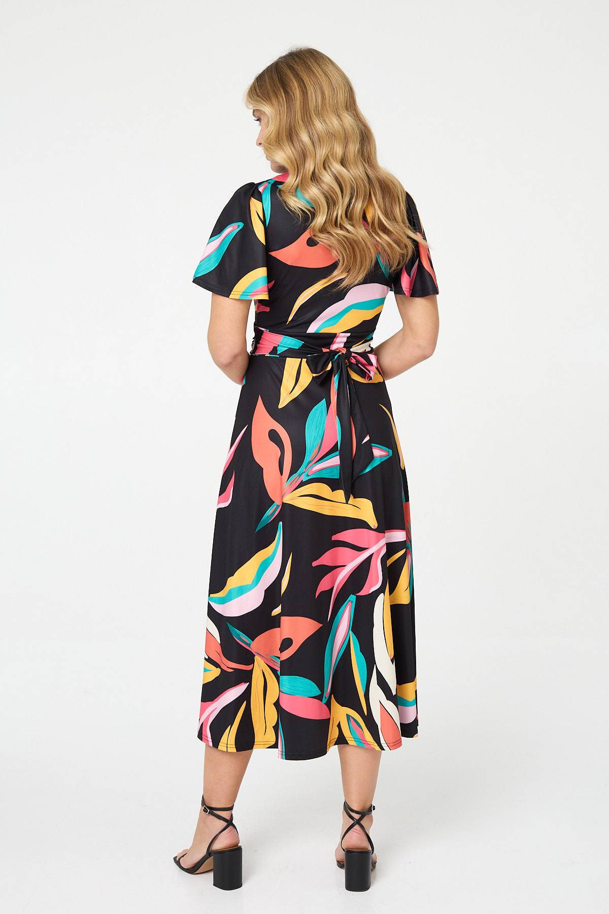 Abstract Faux Wrap Tie Back Midi Dress Side View