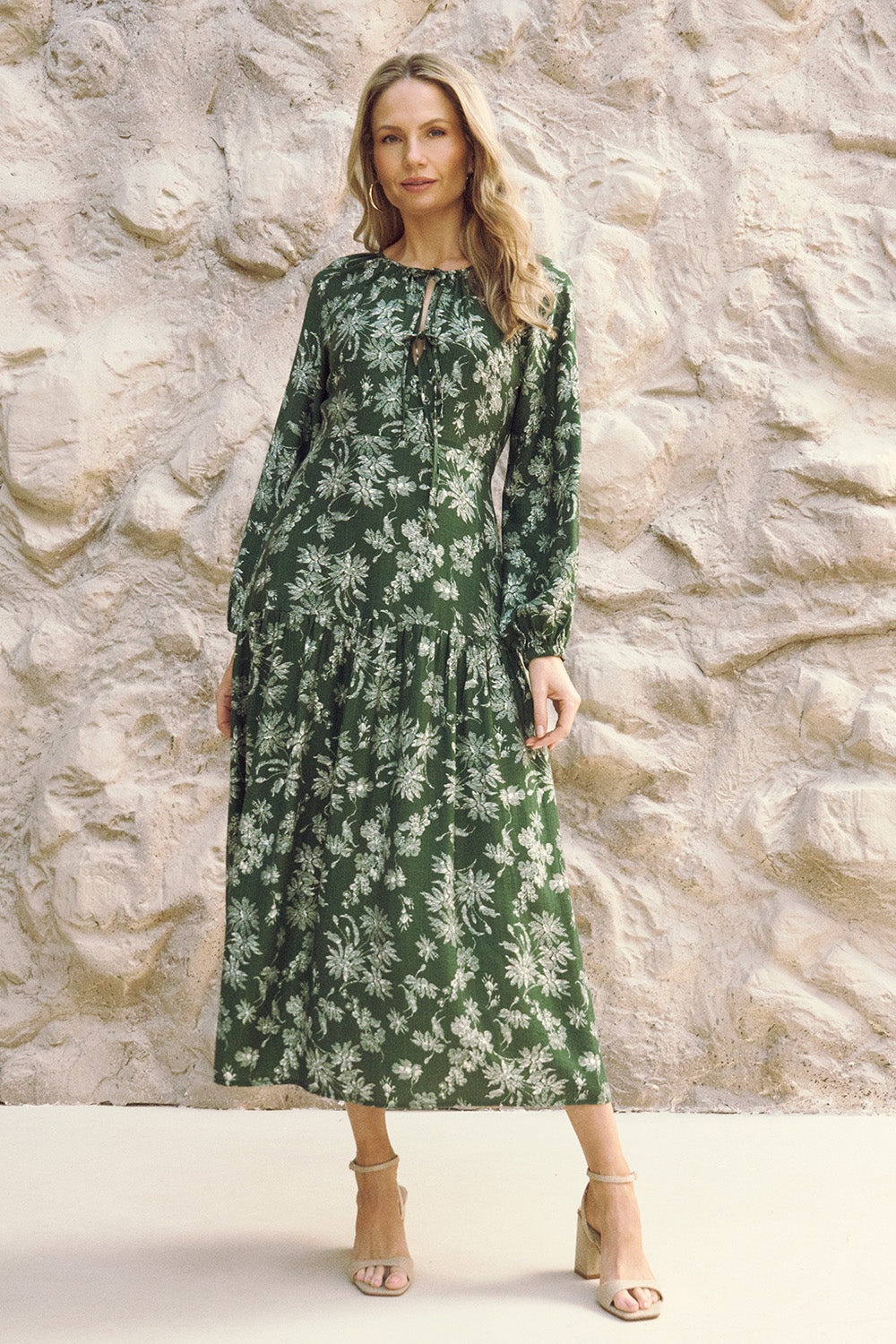 Floral Long Sleeve Tie Neck Maxi Dress Front View