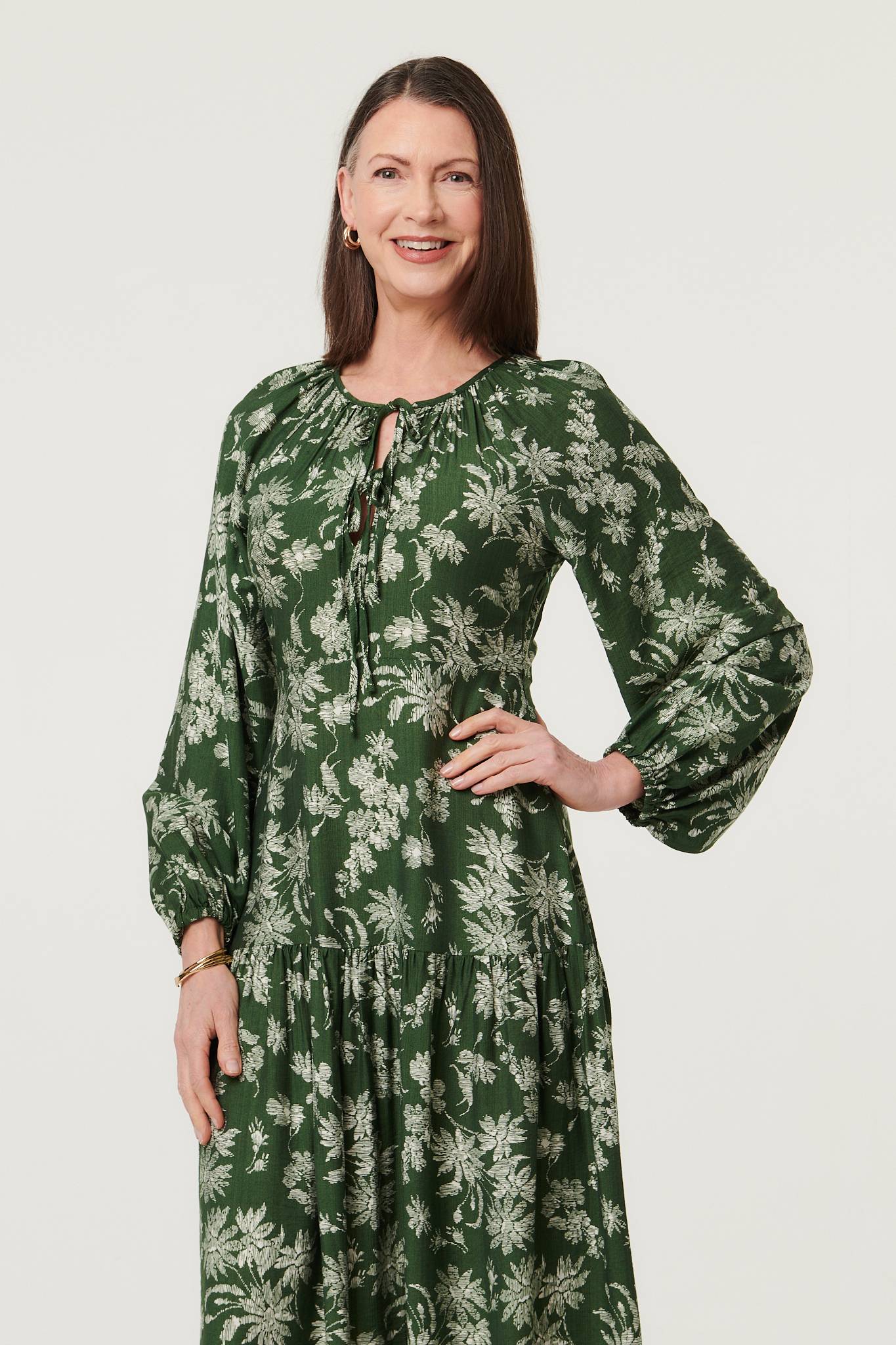 Floral Long Sleeve Tie Neck Maxi Dress Detail View