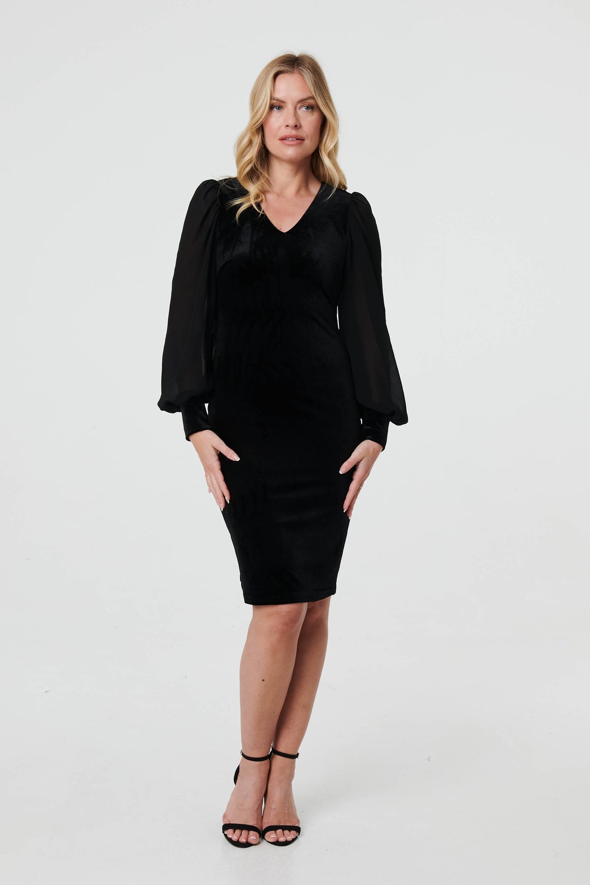 Long Balloon Sleeve Knee Length Dress Detail View