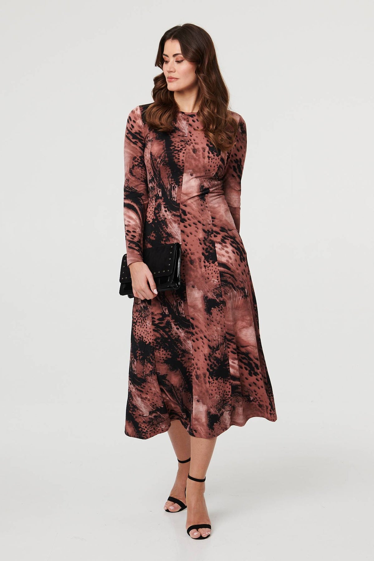 Abstract Long Sleeve Flared Midi Dress Back View
