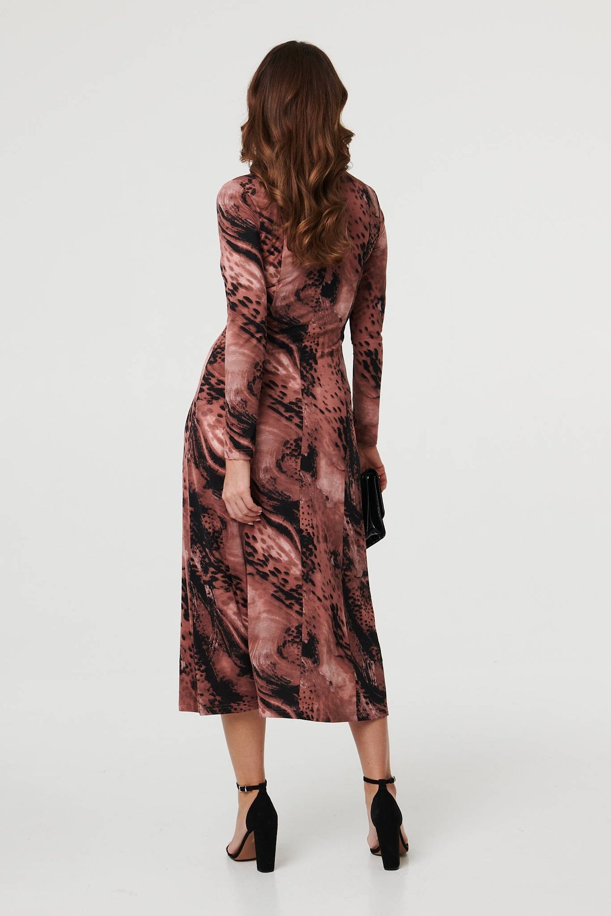 Abstract Long Sleeve Flared Midi Dress Side View