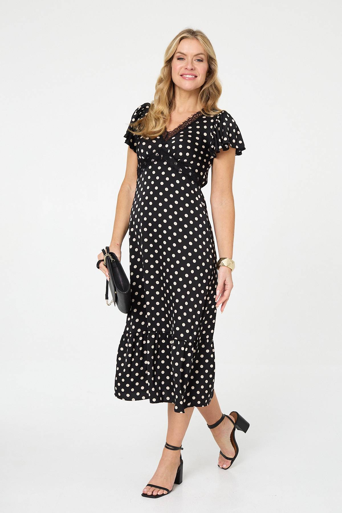 Polka Dot Lace Trim Empire Midi Dress Side View