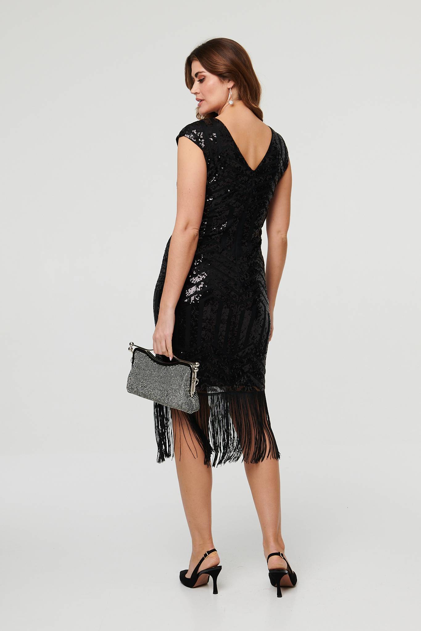 Sequin Embellished Fringed Midi Dress Full Length View