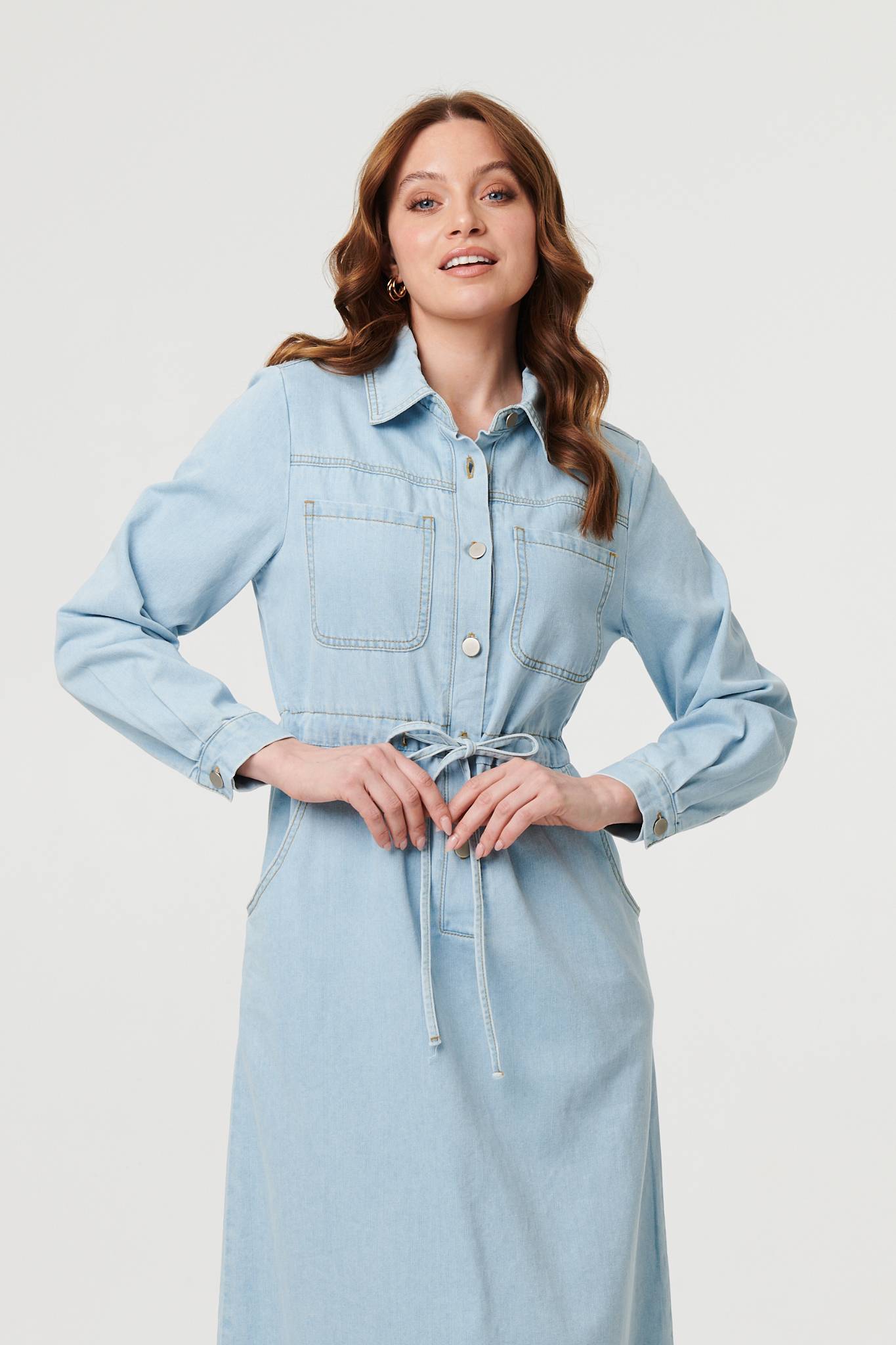 Denim Tie Waist Long Sleeve Midi Dress Back View