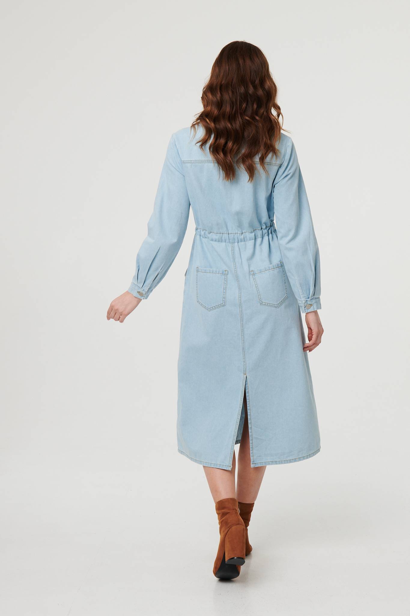 Denim Tie Waist Long Sleeve Midi Dress Side View