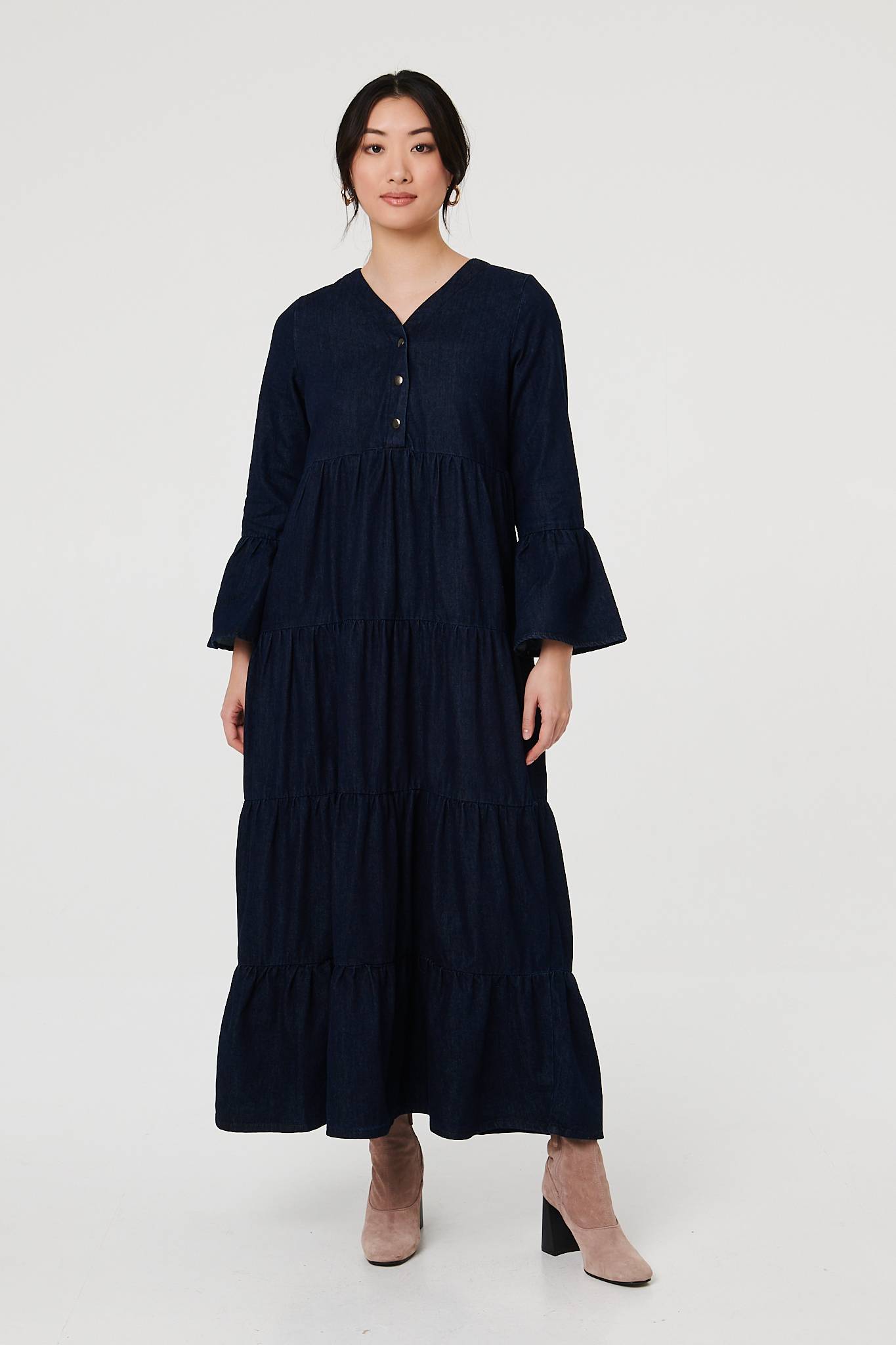 Tiered Long Sleeve Relaxed Maxi Dress Full Length View