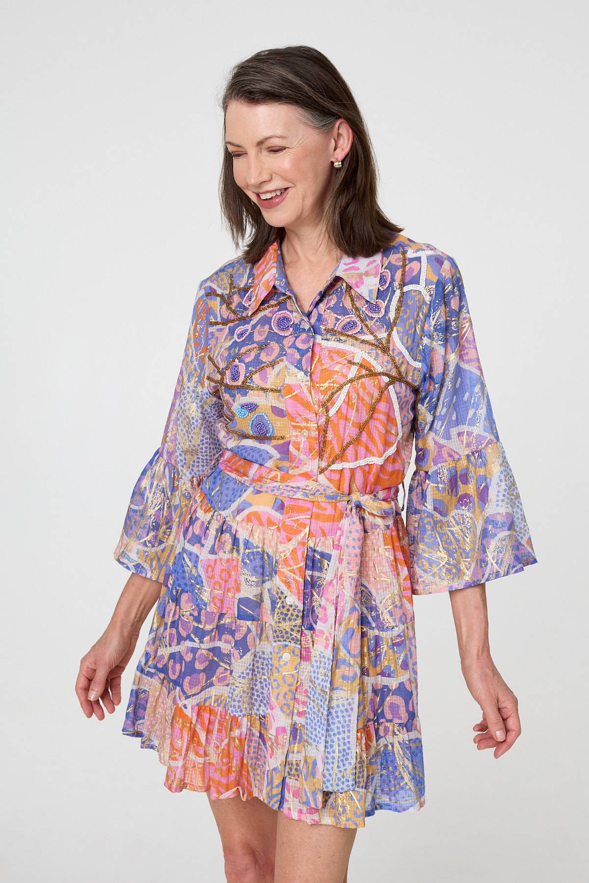 Printed Sparkly Tie Waist Short Dress Front View