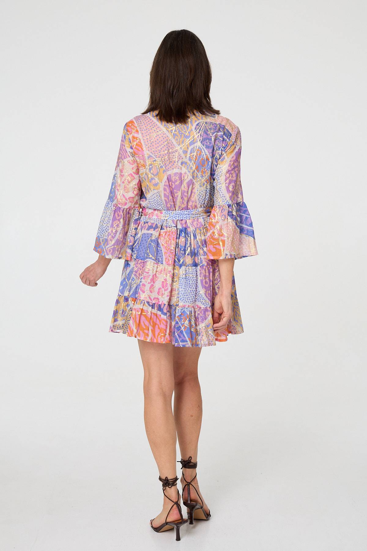 Printed Sparkly Tie Waist Short Dress Detail View