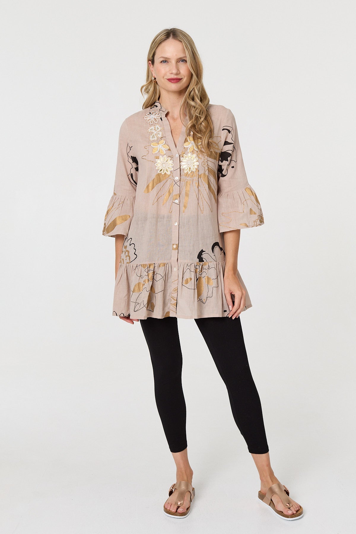 Floral Lace 3/4 Sleeve Frill Short Dress Front View