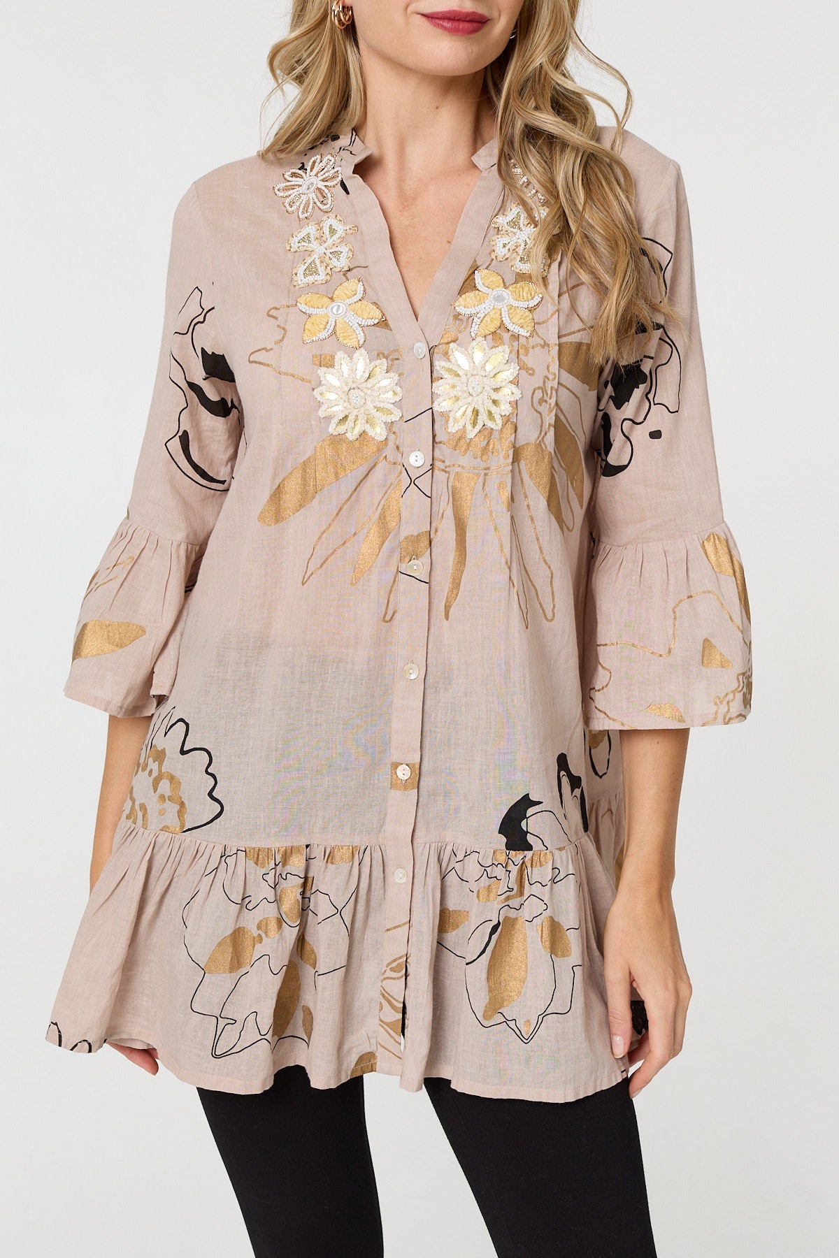 Floral Lace 3/4 Sleeve Frill Short Dress Full Length View