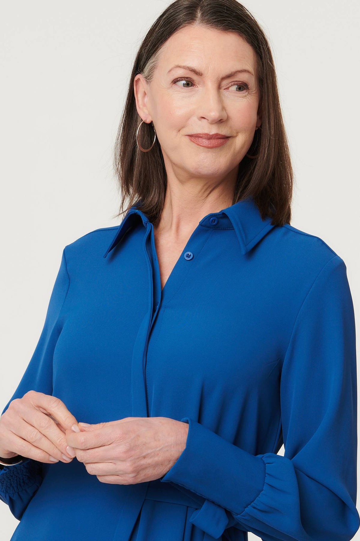 Tie Waist Long Sleeve Midi Shirt Dress Detail View