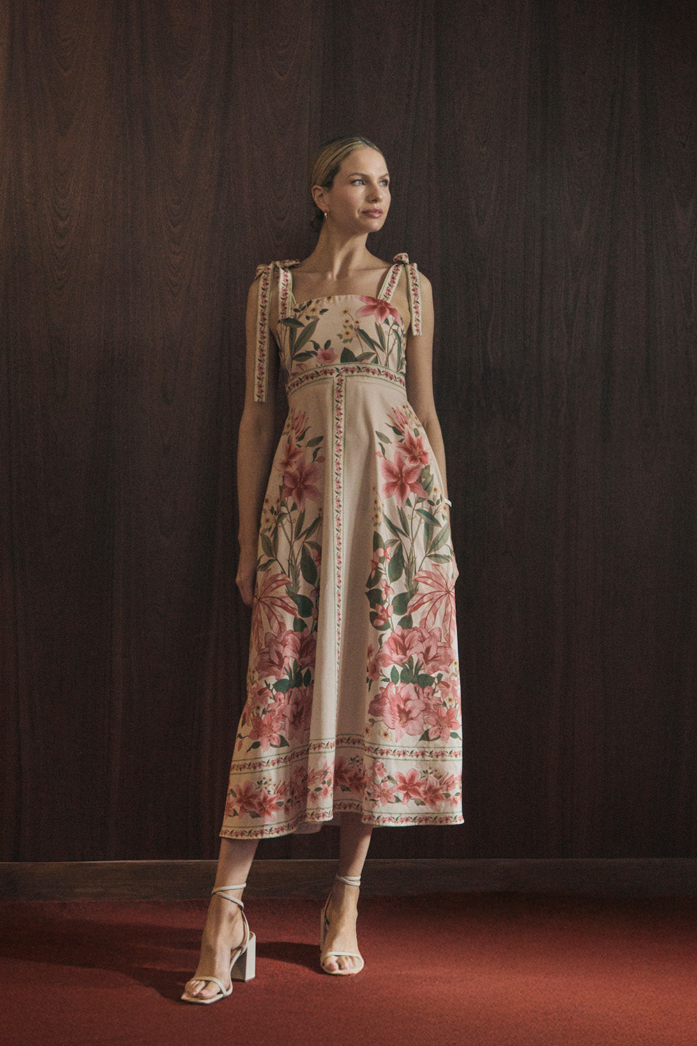 Floral Border Print Tie Strap Midi Dress Front View