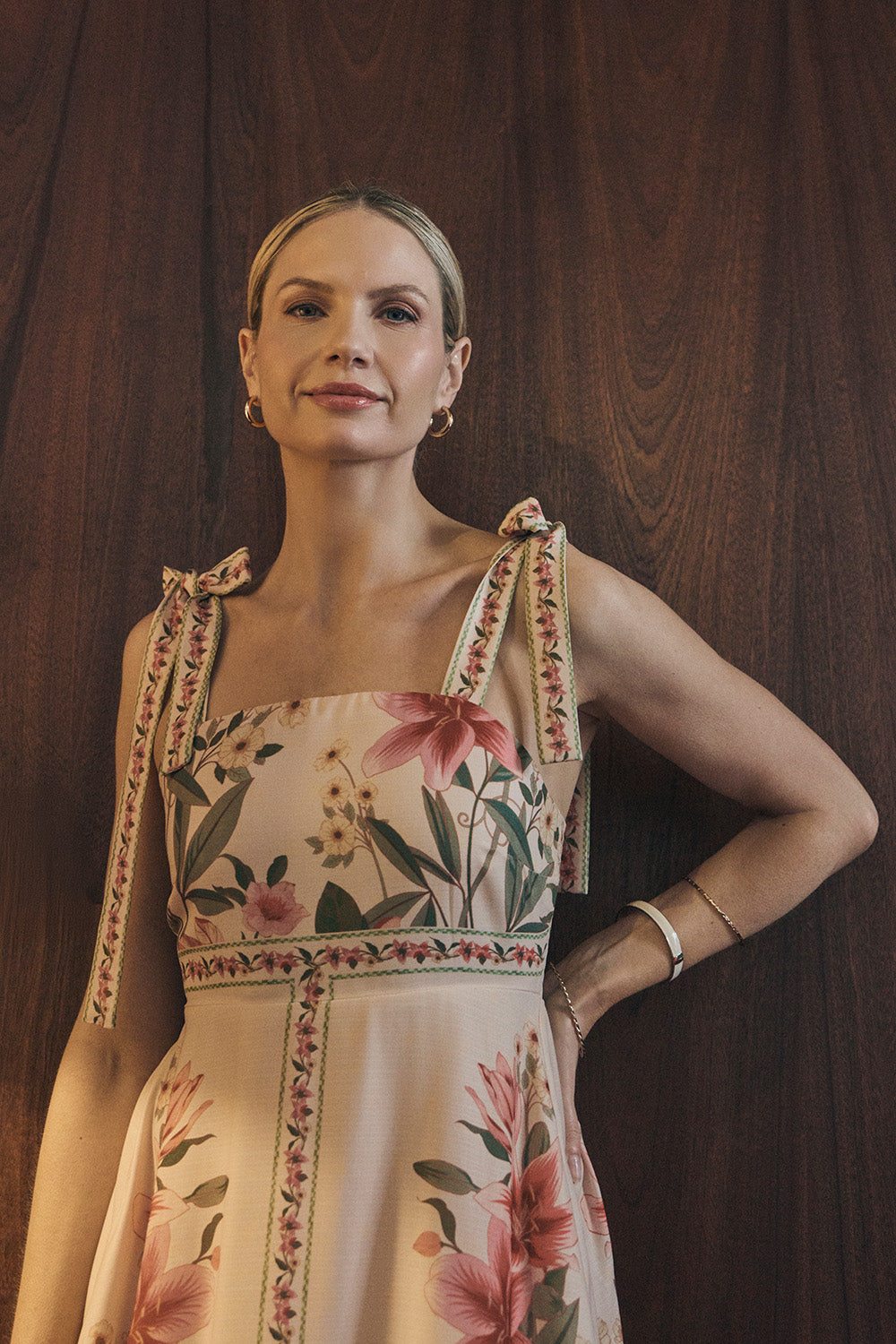 Floral Border Print Tie Strap Midi Dress Back View
