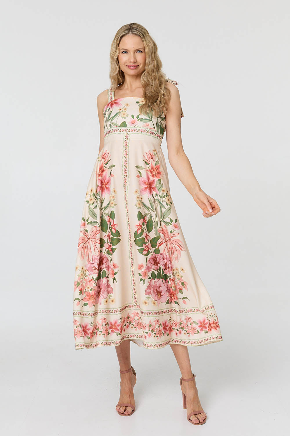 Floral Border Print Tie Strap Midi Dress Side View