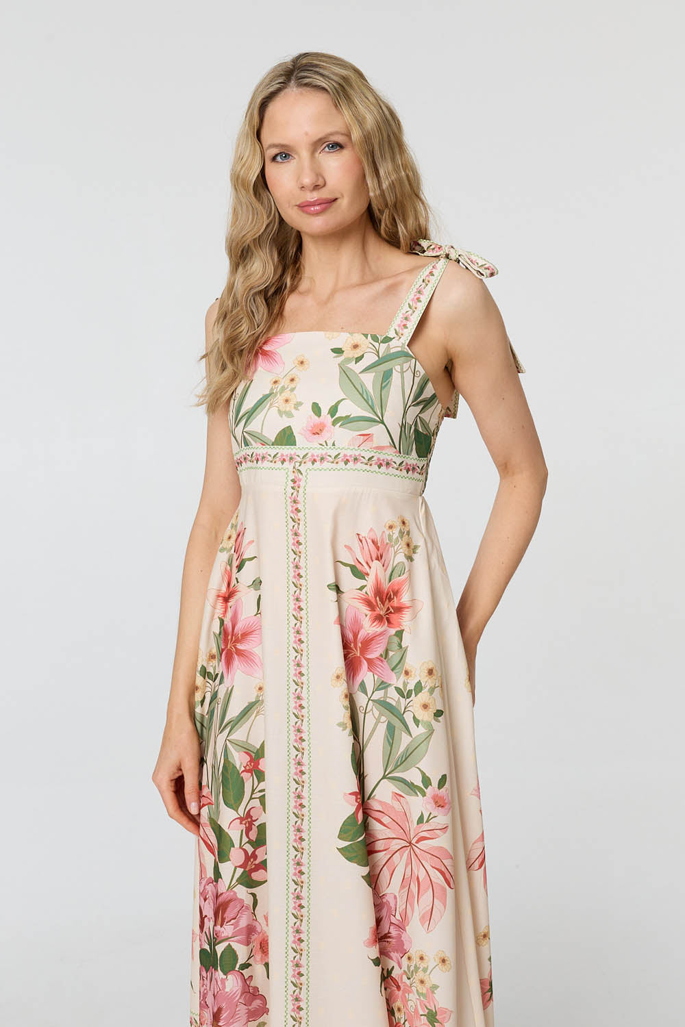 Floral Border Print Tie Strap Midi Dress Back View 2