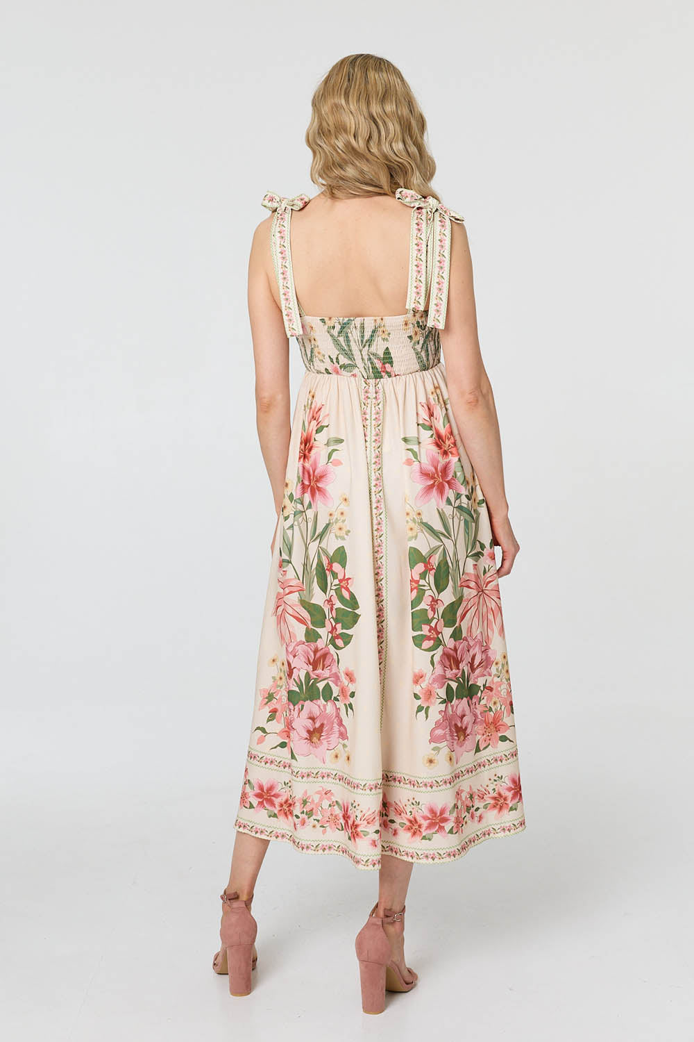 Floral Border Print Tie Strap Midi Dress Styled View