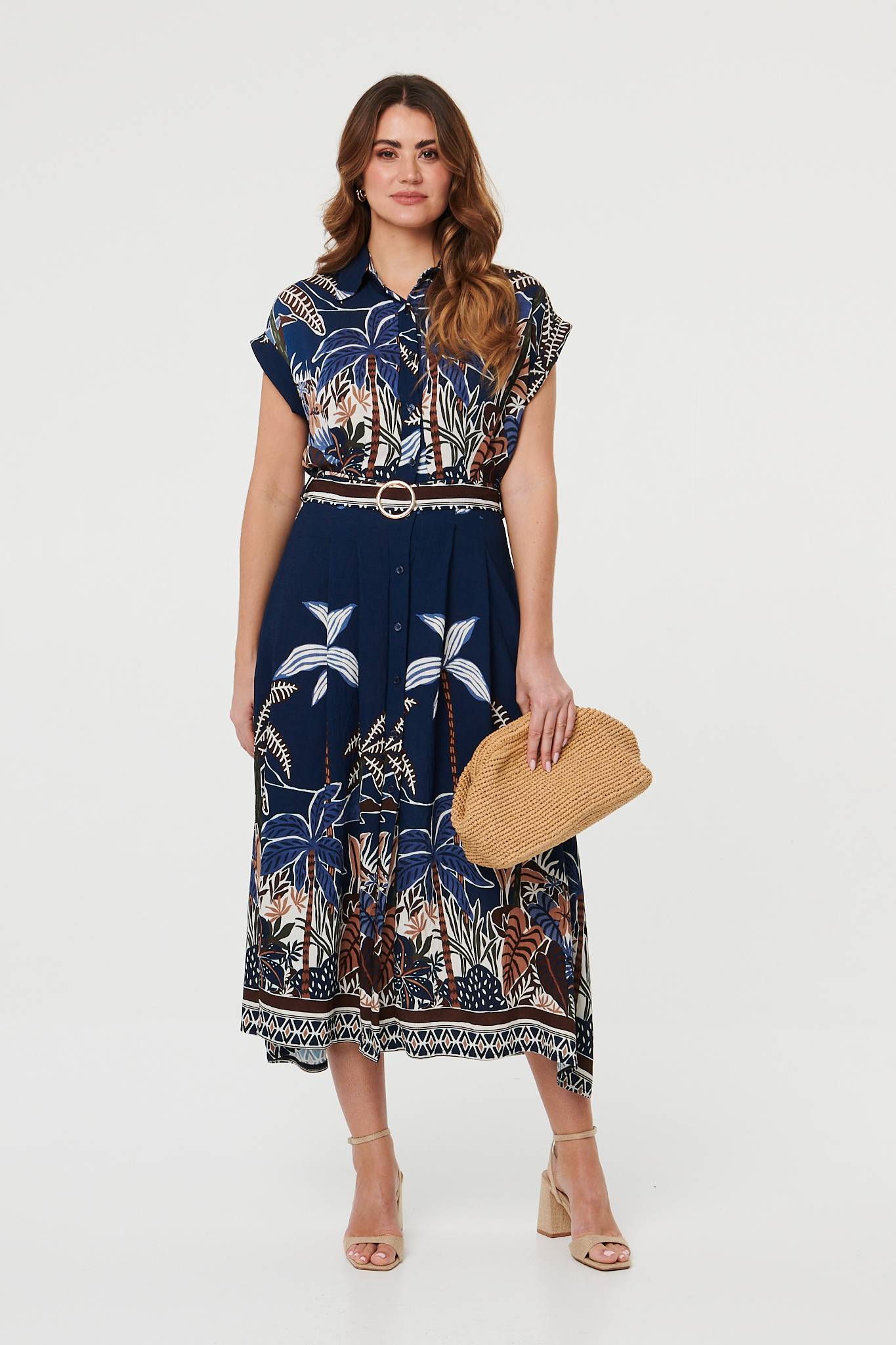 Tropical Print Belted Midi Shirt Dress Back View