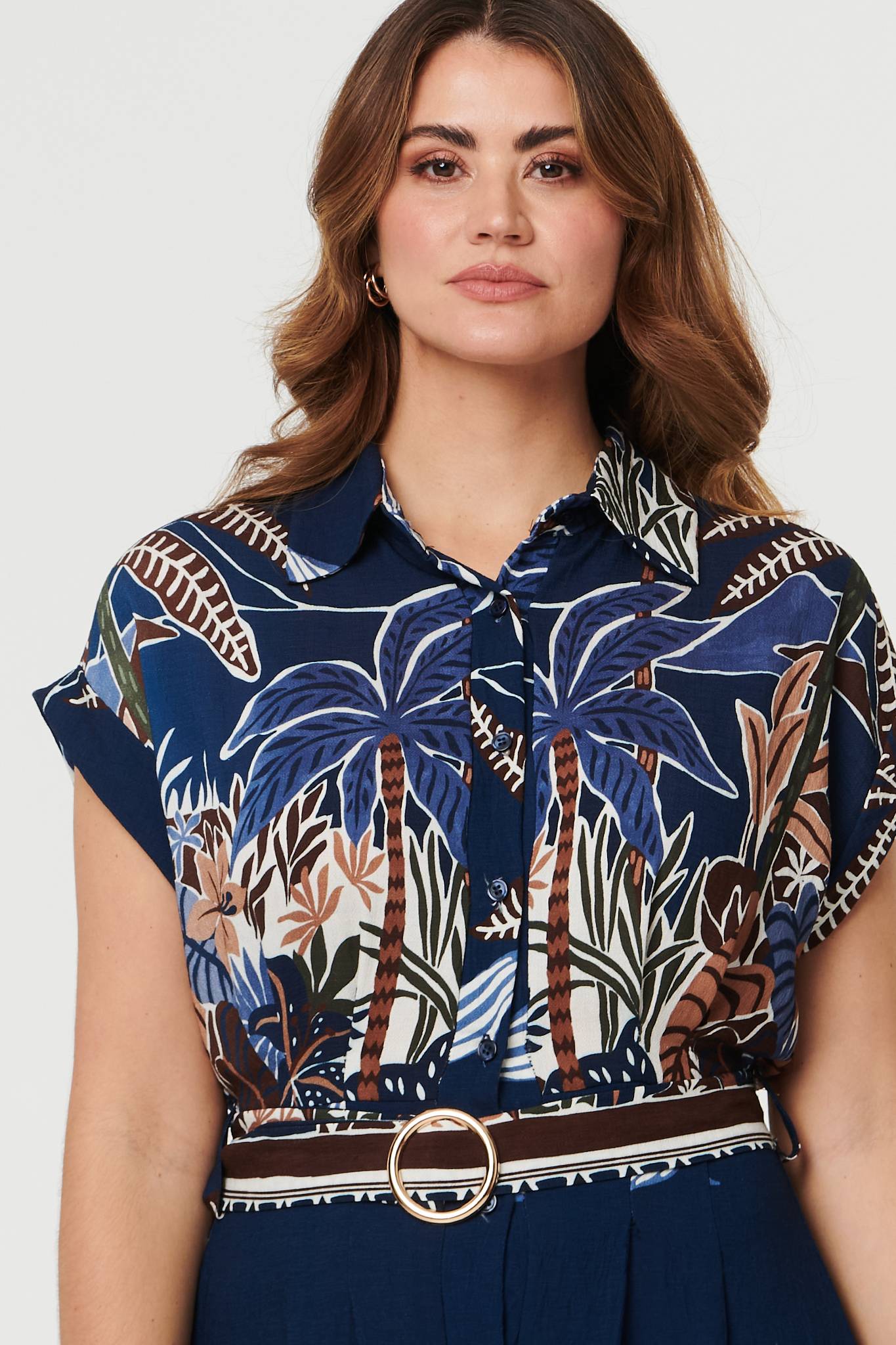 Tropical Print Belted Midi Shirt Dress Detail View
