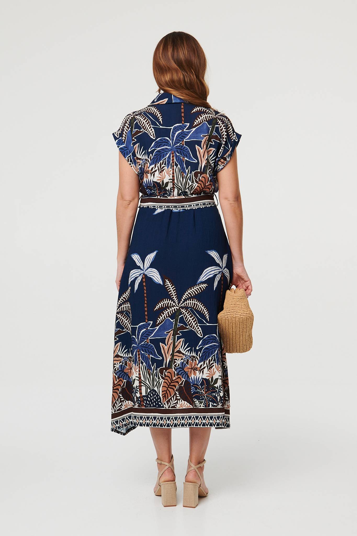 Tropical Print Belted Midi Shirt Dress Side View