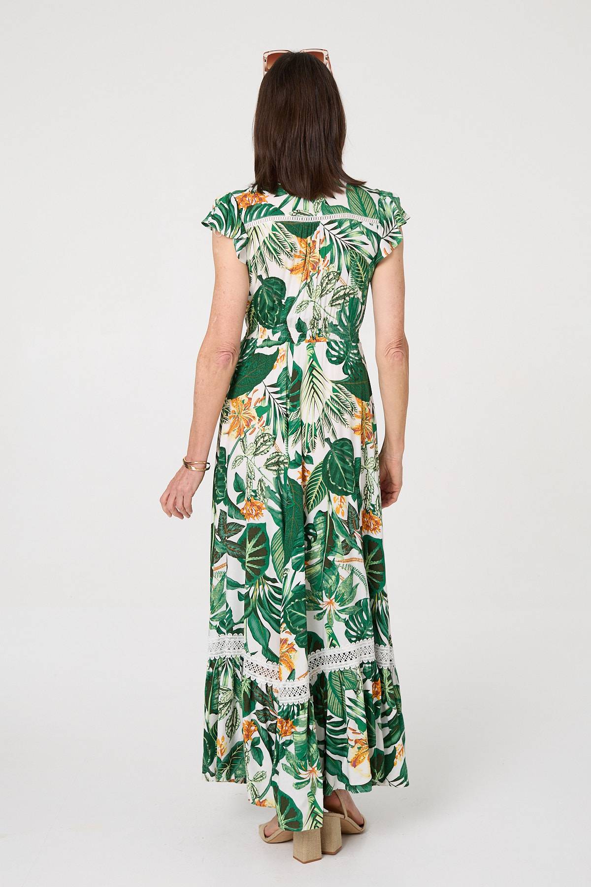 Leaf Print Cap Sleeve Lace Maxi Dress Side View