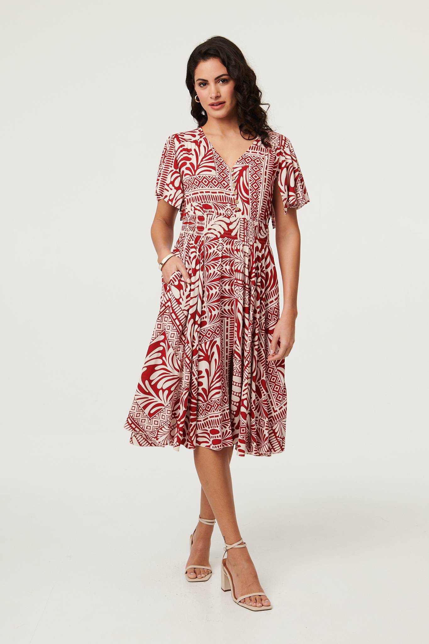 Abstract Print Angel Sleeve Midi Dress Detail View