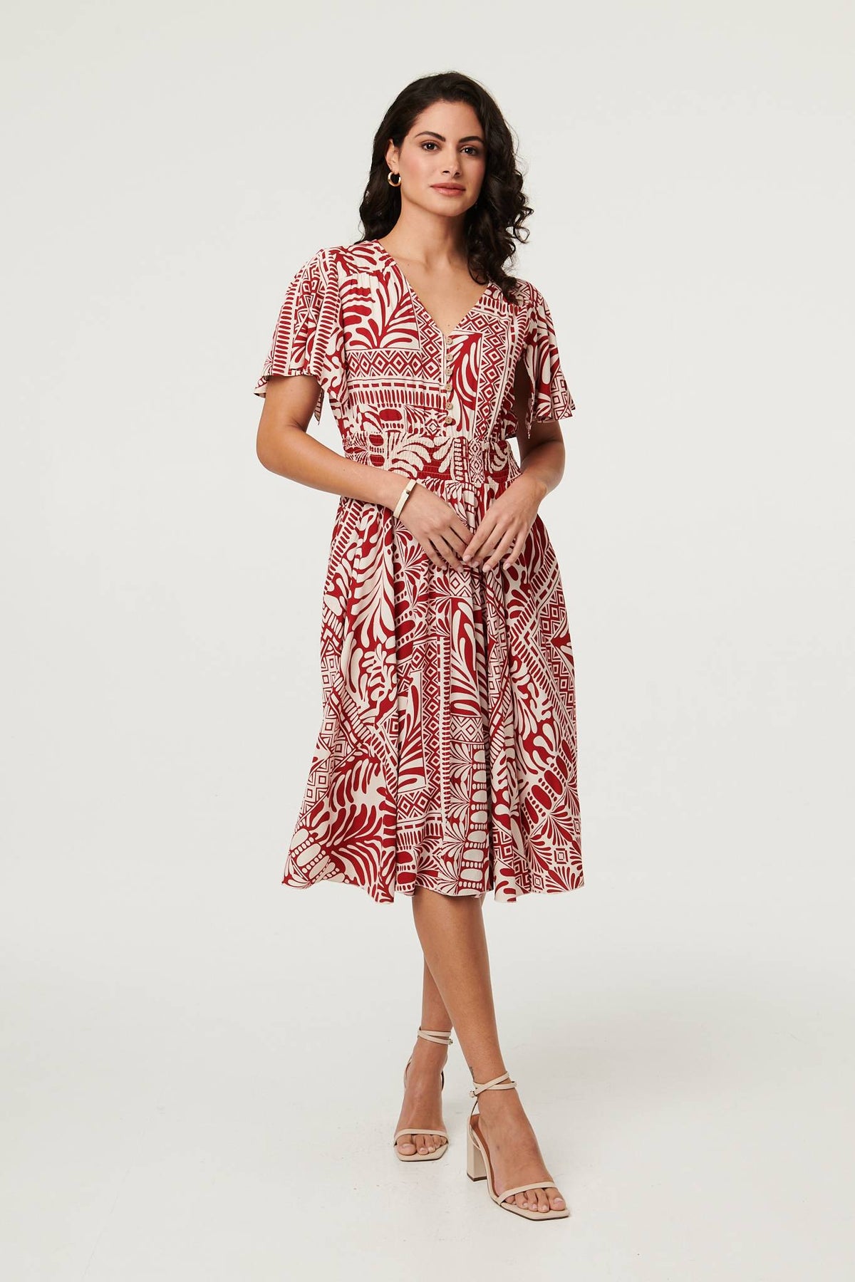 Abstract Print Angel Sleeve Midi Dress Front View