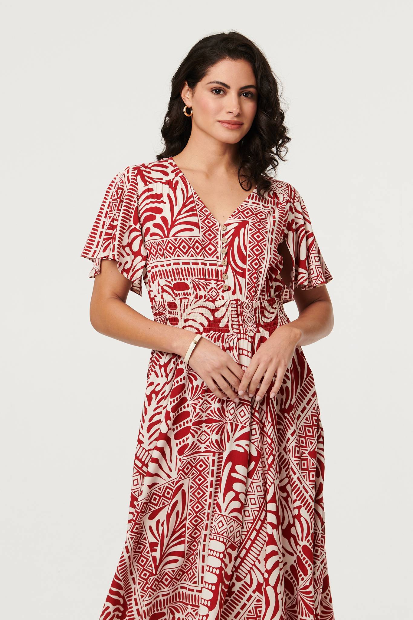 Abstract Print Angel Sleeve Midi Dress Back View