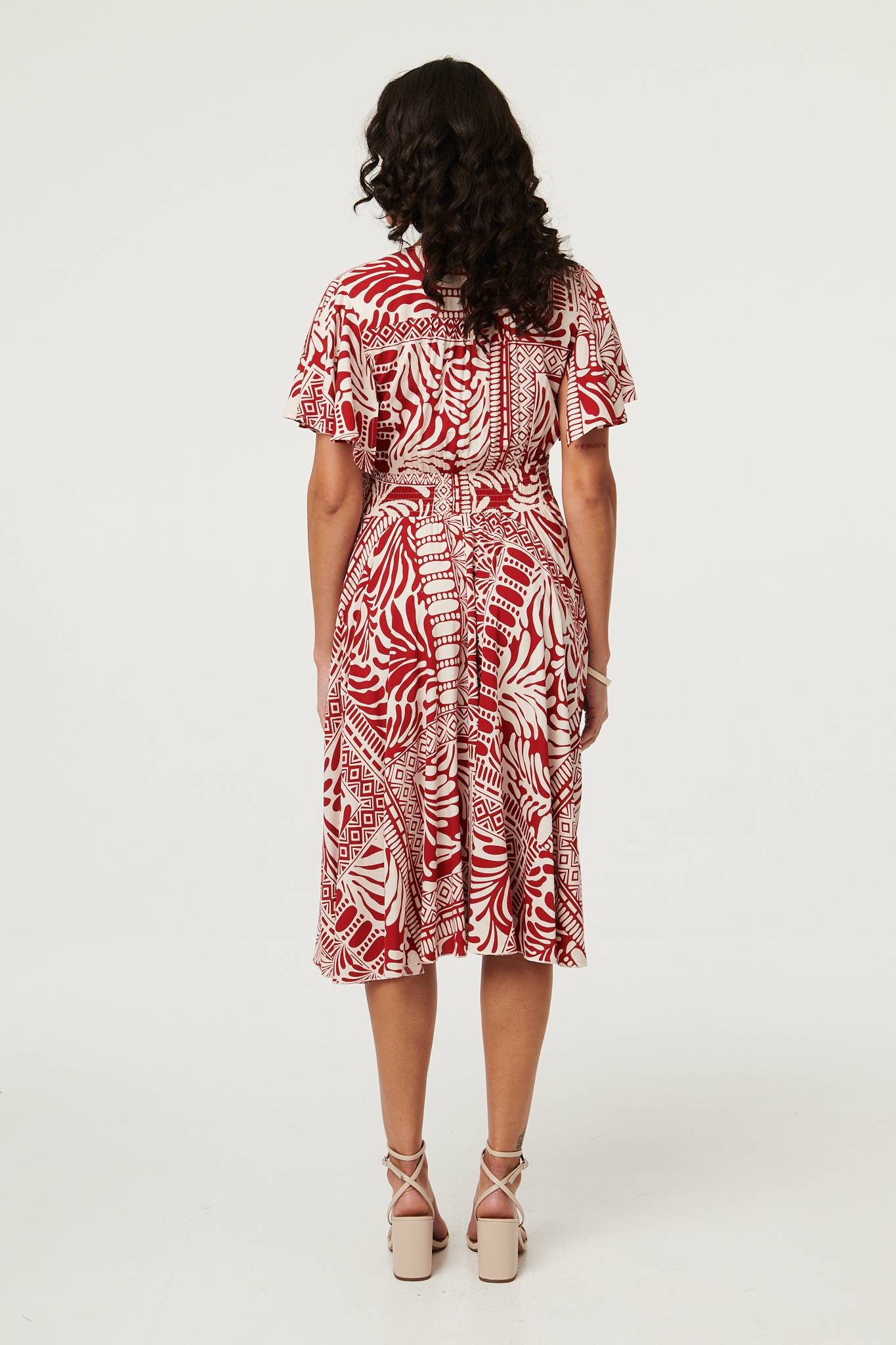 Abstract Print Angel Sleeve Midi Dress Side View