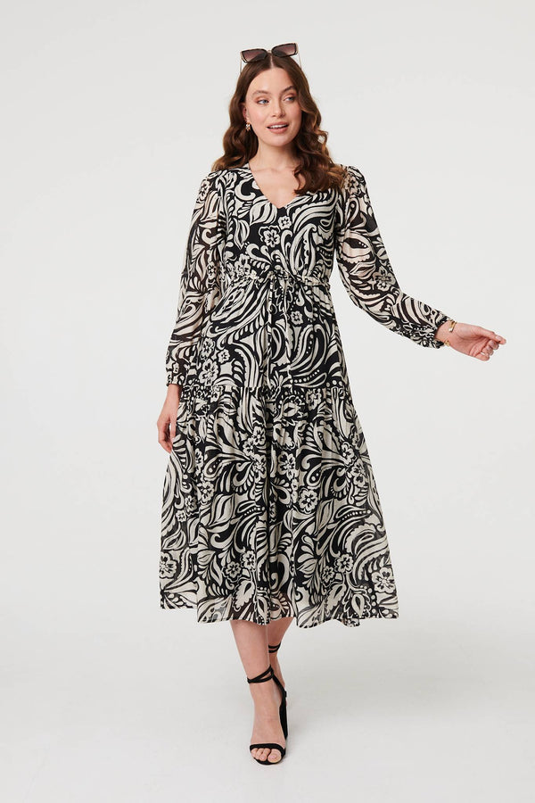 Printed Layered Long Sleeve Maxi Dress Front View
