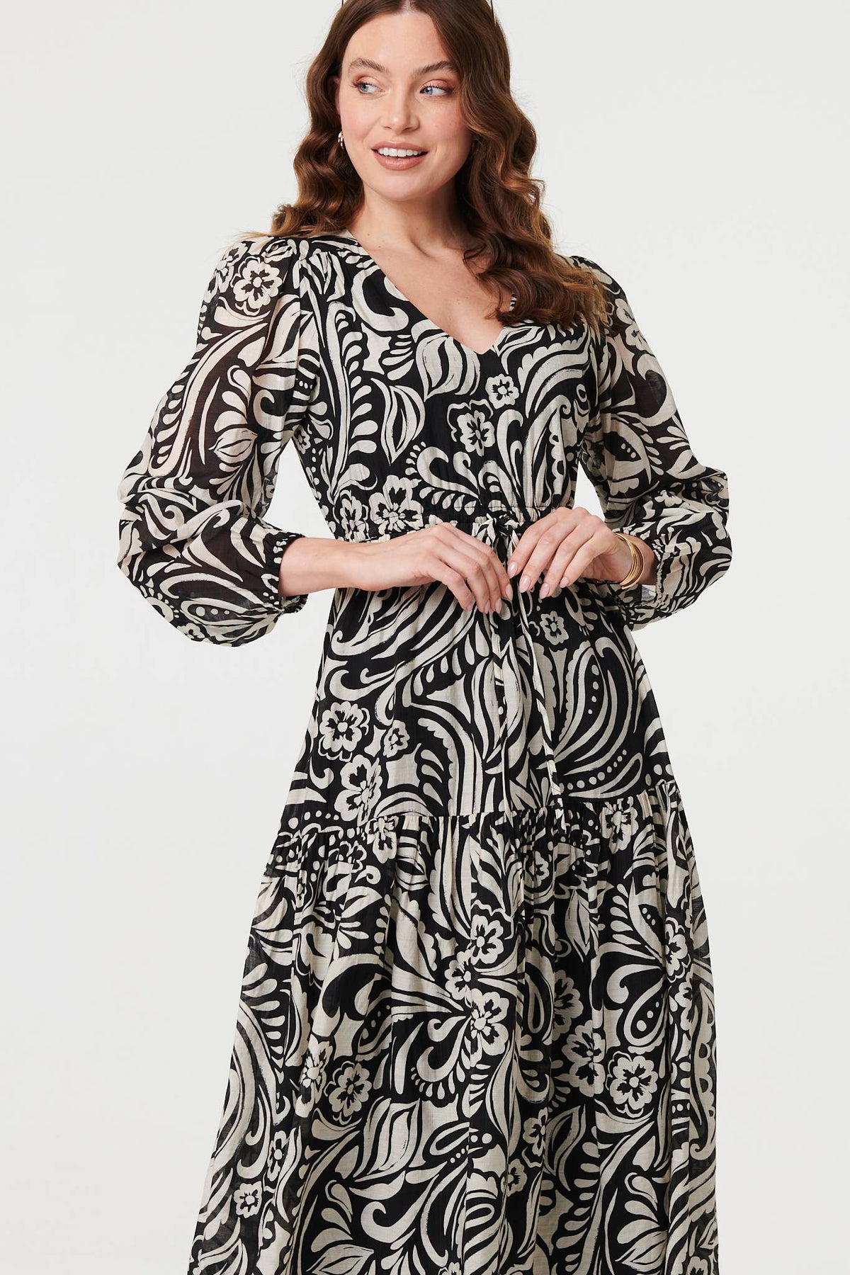 Printed Layered Long Sleeve Maxi Dress Styled View