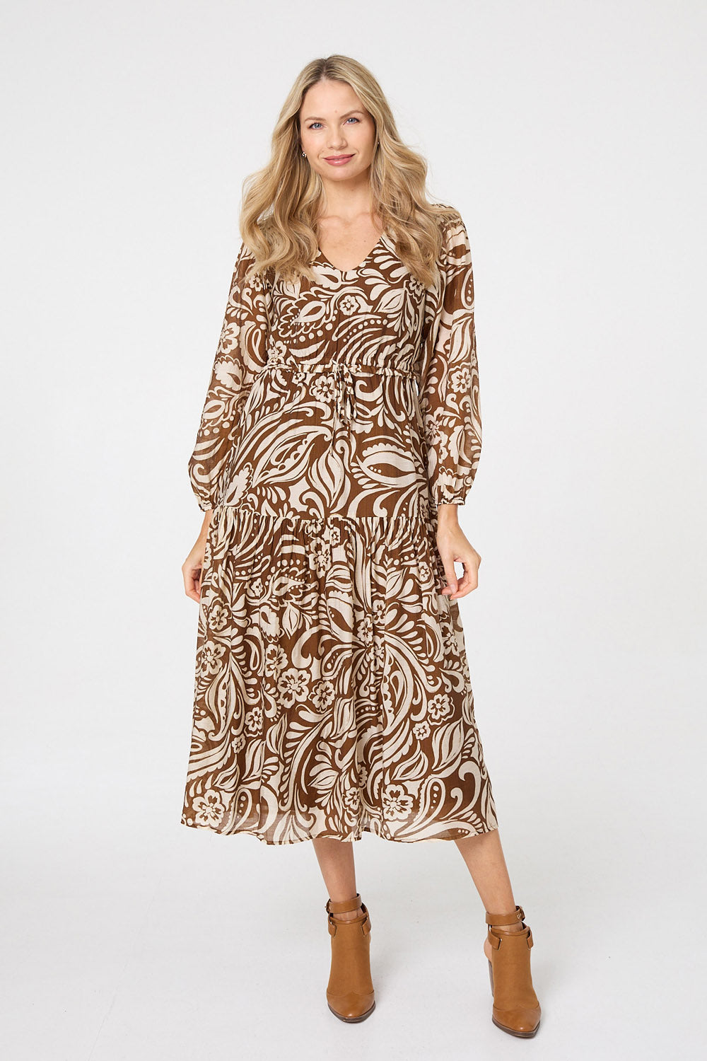 Printed Layered Long Sleeve Maxi Dress Back View 2