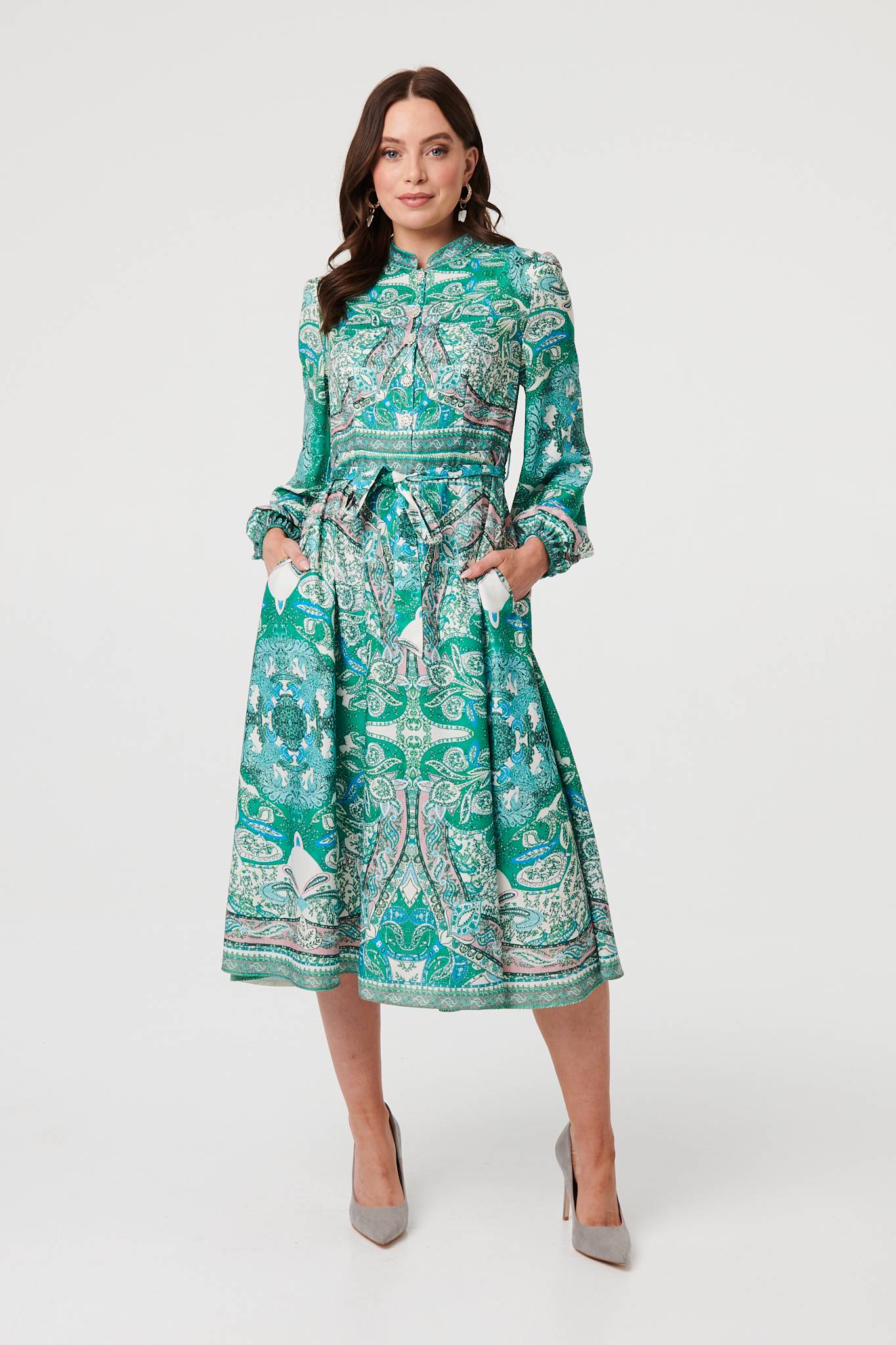 Printed Long Sleeve Tie Midi Dress Front View