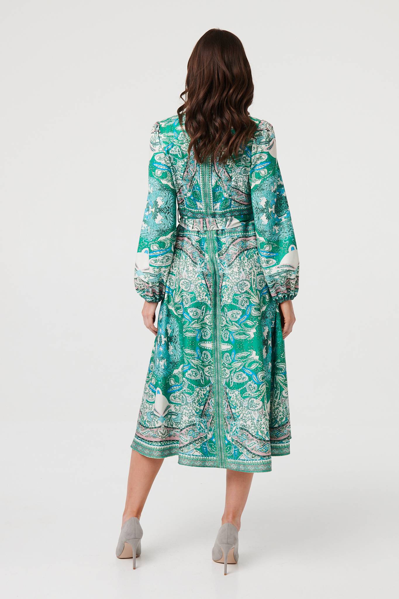 Printed Long Sleeve Tie Midi Dress Side View