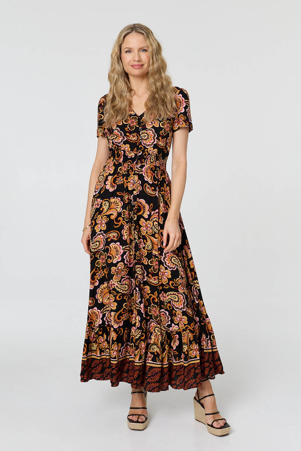 Paisley Short Sleeve Maxi Dress Front View