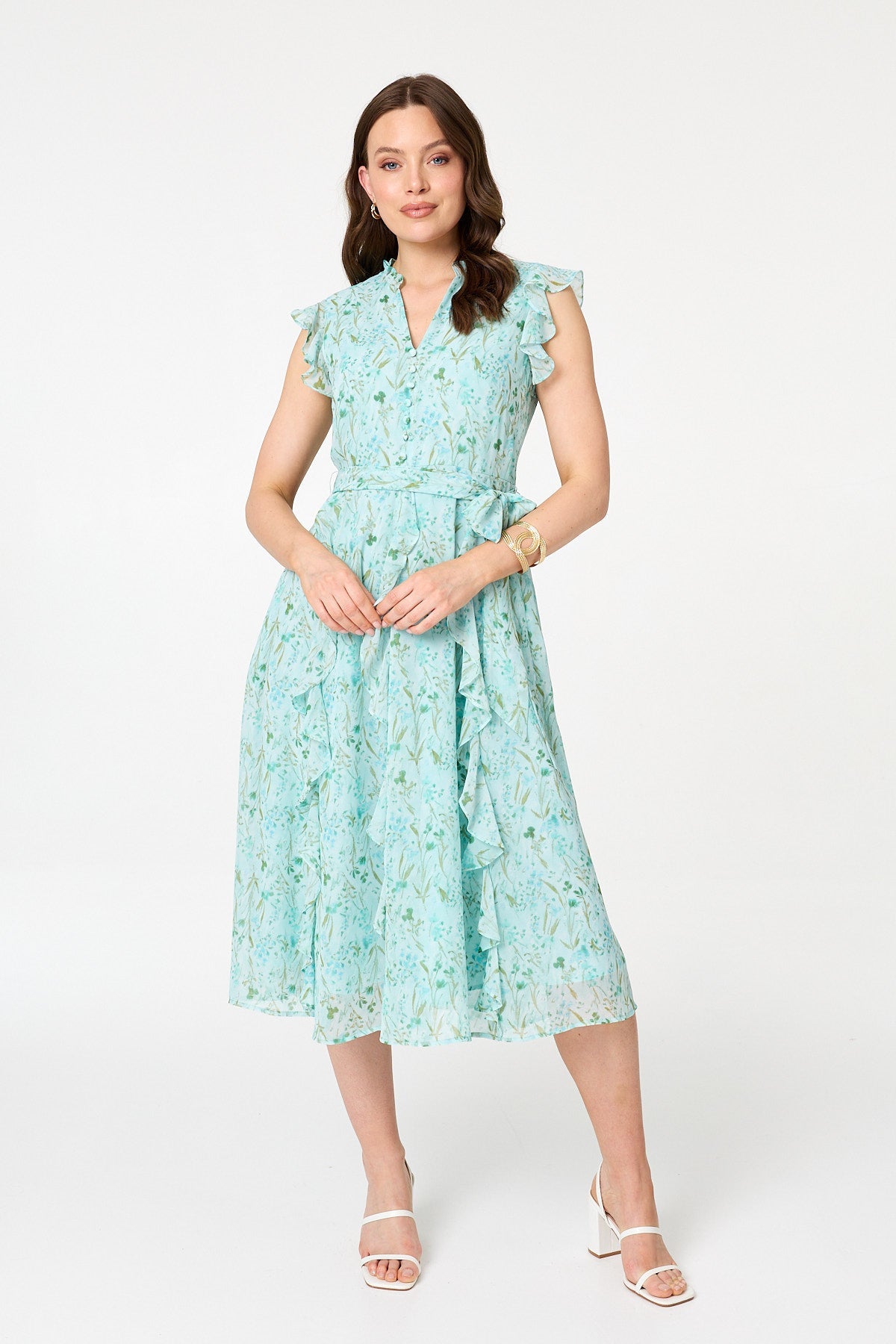 Floral Tie Waist Frilled Midi Dress Detail View