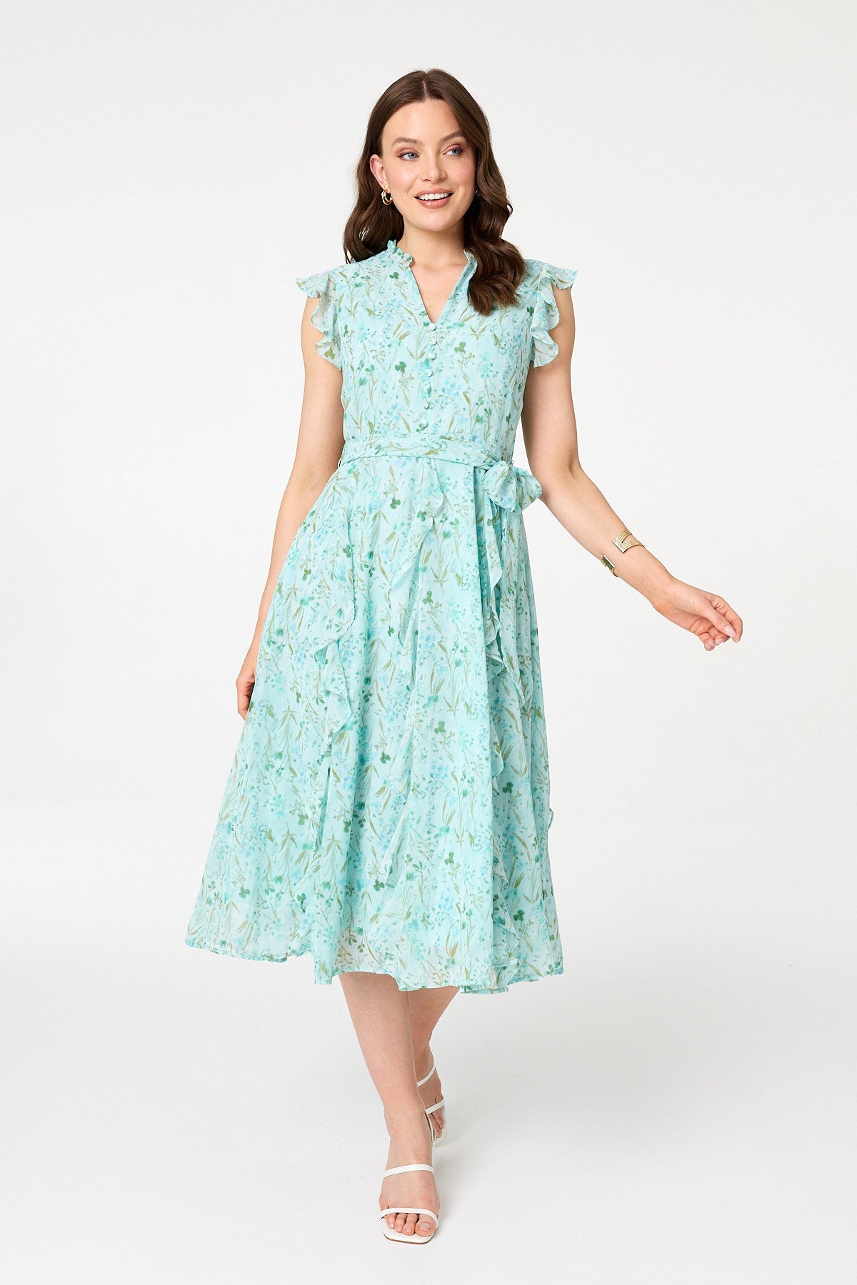Floral Tie Waist Frilled Midi Dress Front View
