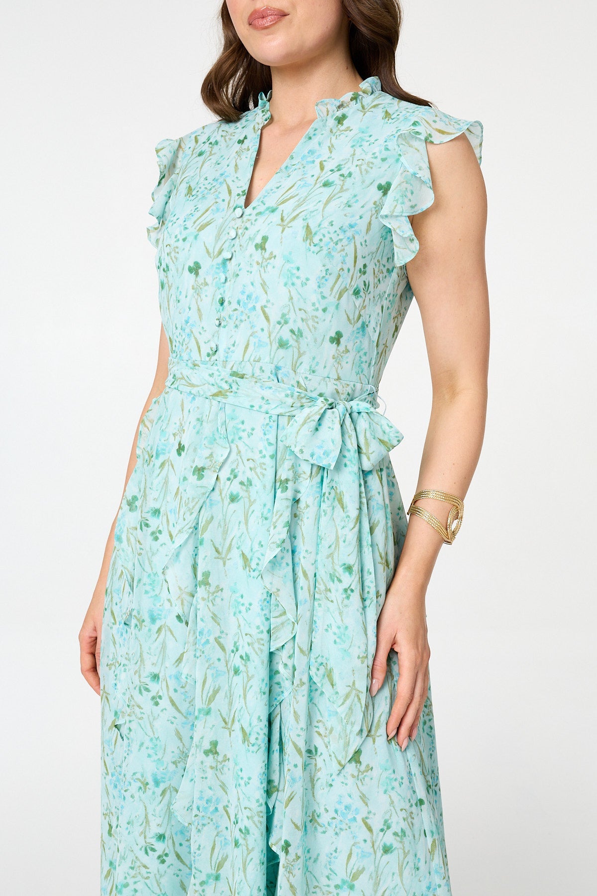 Floral Tie Waist Frilled Midi Dress Full Length View