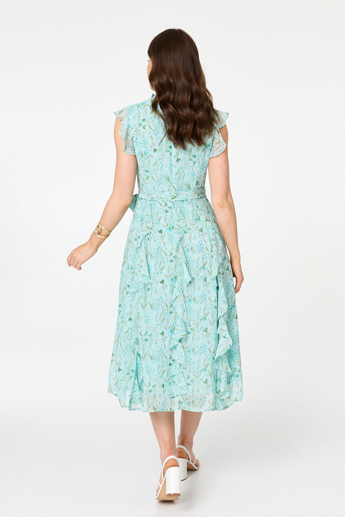 Floral Tie Waist Frilled Midi Dress Side View