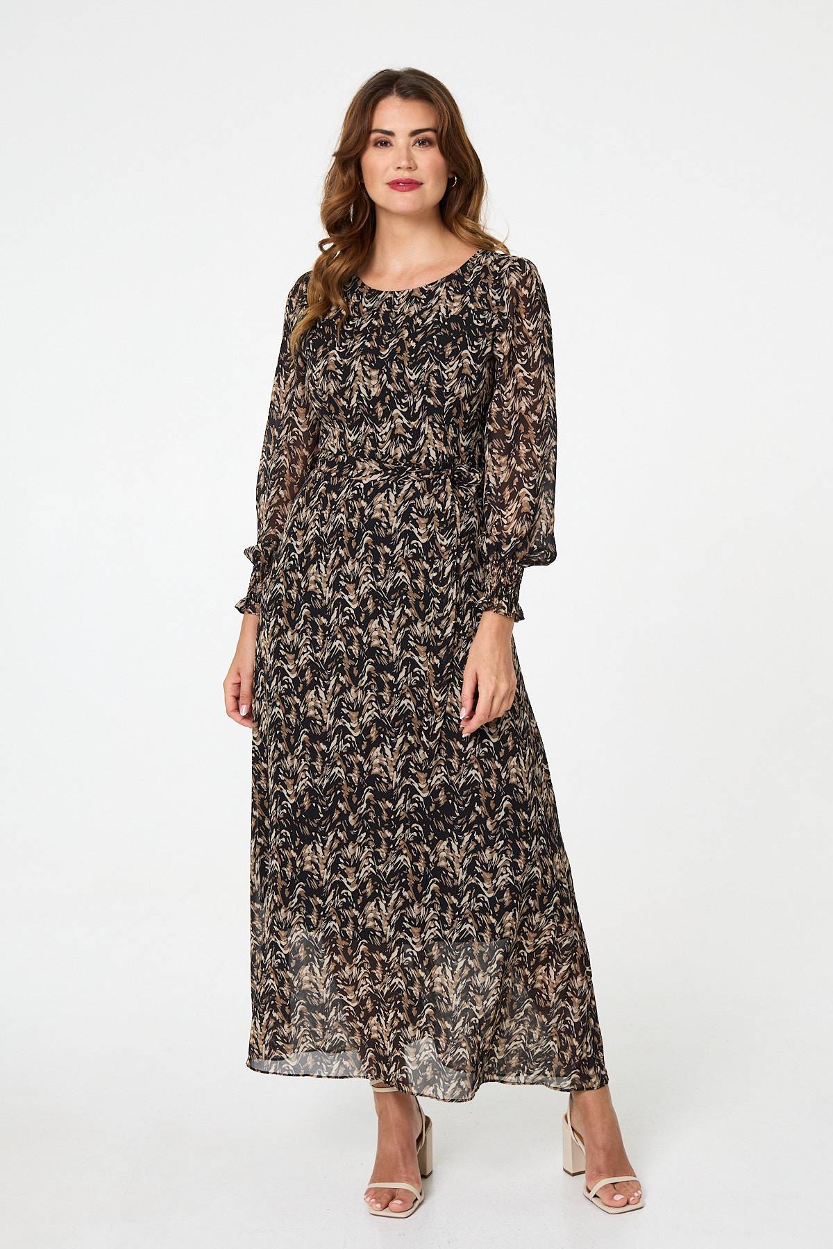 Printed Long Sleeve Layered Maxi Dress Front View